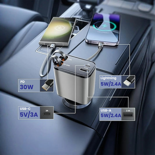 69W Super Fast Retractable Car Charger with Cables