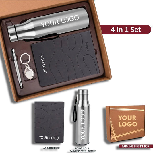 4 In 1 Gray Set: Metal Keychain, SS Bottle, Metal Pen And A5 PU Notebook In Kraft Gift Box