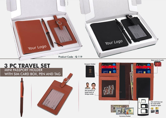 3 Pc Travel Set: Mini Passport Holder With Sim Card Box, Luggage Tag & Metal Pen In Gift Box