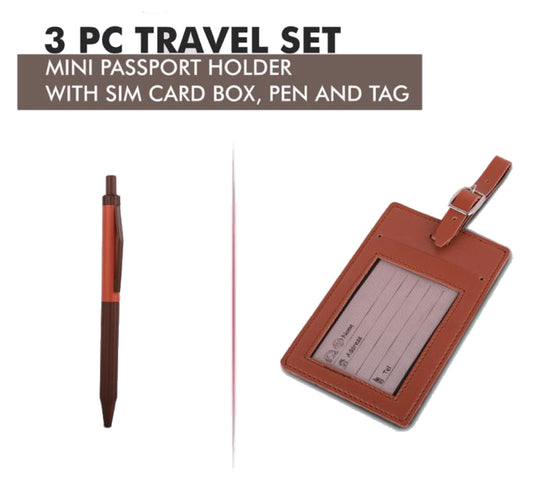 3 Pc Travel Set: Mini Passport Holder With Sim Card Box, Luggage Tag & Metal Pen In Gift Box