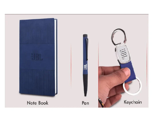 4 Pc Notebook Set: A6 Size Notebook, Metal Pen, Loop Keychain & Visiting Card Holder In Gift Box