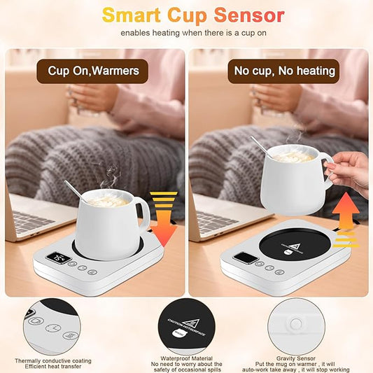 Set Of Coffee Warmer & SS Mug With Lid | Auto Cut Off & Overheat Protection | 2 Heat Modes