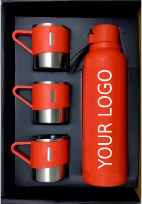 4 Pc Gift Set : Insulated Steel Bottle With 3 Steel Cups | Keeps Hot For 4-6 Hours | Heavy Gift Box With Handle