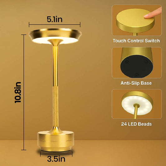 Cordless LED Table Lamp (Gold) - USB Rechargeable Portable Touch Control (New)