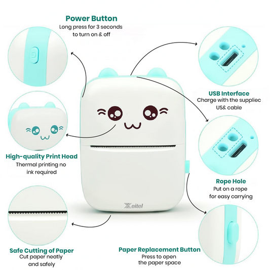Mini Bluetooth Thermal Printer, Portable Label Printer Inkfree Printer for Android & iOS System, Black on White Thermal Printer with 13 Roll of Print Paper