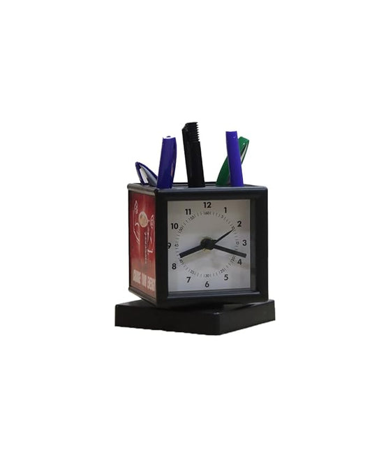 Rotating Clock With 3 Side Branding Area | Has Pen Stand & Large Stationery Holder | Branding Included MOQ 200 Pc