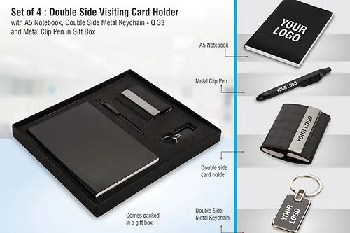 4 Pc Notebook Set: A6 Size Notebook, Metal Pen, Loop Keychain & Visiting Card Holder In Gift Box