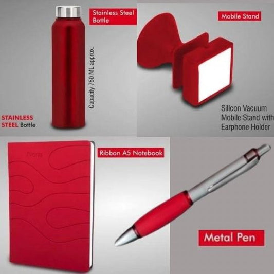 4 In 1 Set: Steel Bottle, Metal Pen, Silicon Mobile Stand, Ribbon PU Notebook