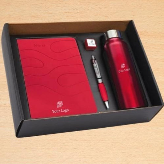 4 In 1 Set: Steel Bottle, Metal Pen, Silicon Mobile Stand, Ribbon PU Notebook