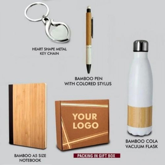 4 In 1 Bamboo Set: Keychain, Bamboo Vacuum Flask, Bamboo Pen And A5 Bamboo Cover Notebook In Kraft Gift Box