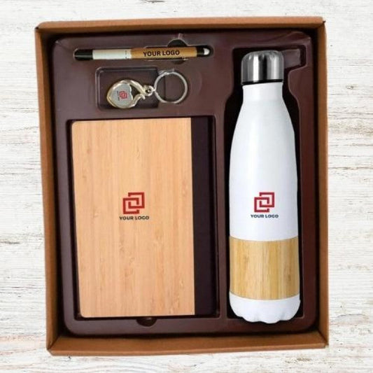 4 In 1 Bamboo Set: Keychain, Bamboo Vacuum Flask, Bamboo Pen And A5 Bamboo Cover Notebook In Kraft Gift Box