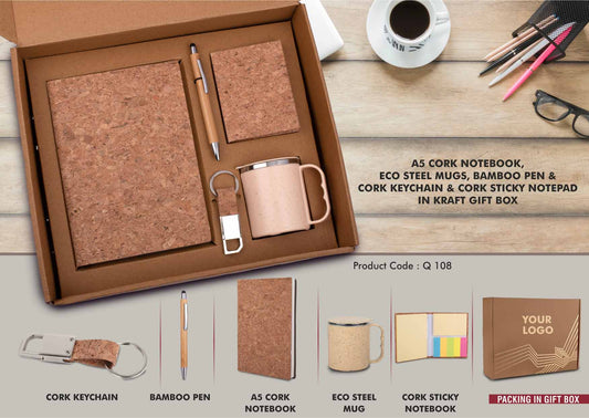 EcoSet 2: Set Of A5 Cork Notebook, Eco Steel Mug, Bamboo Pen, Cork Keychain & Cork Sticky Notepad In Kraft Gift Box