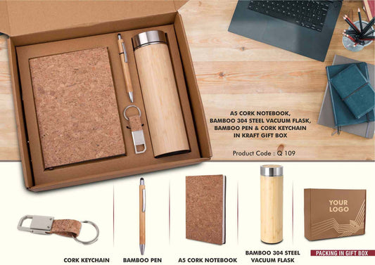 EcoSet 3: Set Of A5 Cork Notebook, Bamboo 304 Steel Vacuum Flask, Bamboo Pen & Cork Keychain In Kraft Gift Box