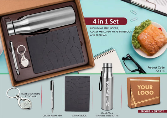 4 In 1 Gray Set: Metal Keychain, SS Bottle, Metal Pen And A5 PU Notebook In Kraft Gift Box