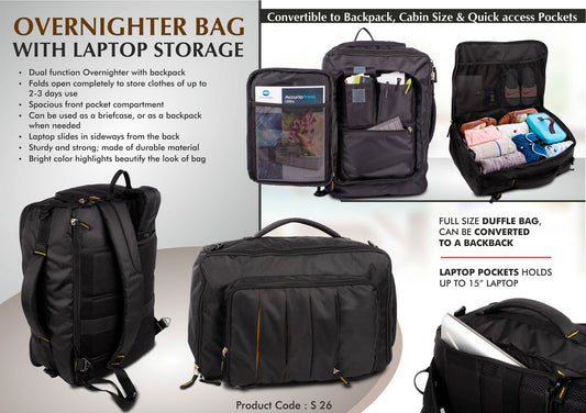 Overnighter Bag With Laptop Storage | Convertible To Backpack | Cabin Size | Quick Access Pockets