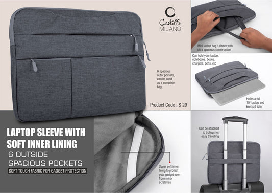 Laptop Sleeve With Soft Inner Lining | 6 Outside Spacious Pockets | Soft Touch Fabric For Gadget Protection